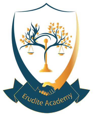 Erudite crest: a shield with a tree, scales and a handshake